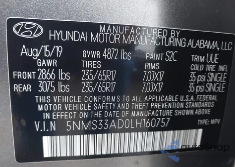 2020 Hyundai Santa Fe Sel from USA, damaged, VIN 5NMS33AD0LH160757
